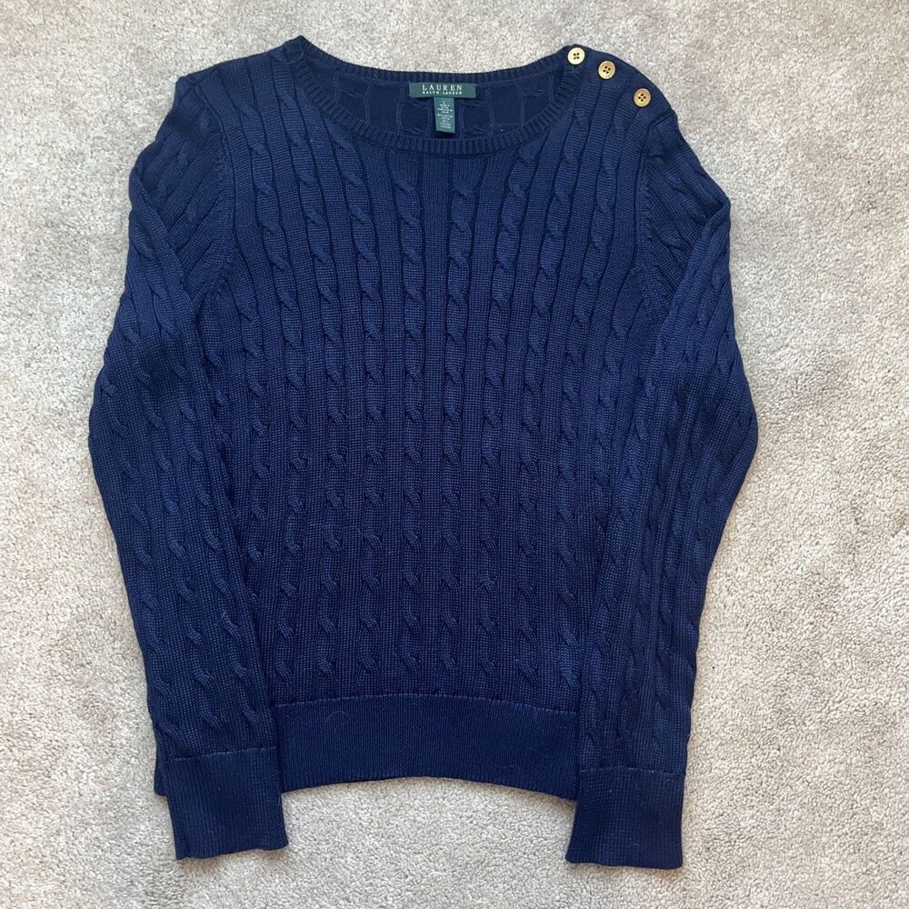 Lauren Ralph Cableknit Sweater Womens Large Blue Gold Button Old Money Preppy